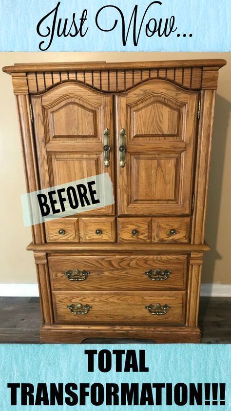 Redone Vintage Furniture, Upcycle Oak Furniture, Redoing Old Furniture Before After, Upcycle Tallboy Dresser, Armoire Repurpose Bedroom, Redoing Armoire Diy Ideas, Armoire Diy Makeover, Oak Armoire Makeover, Repurposing Furniture Ideas