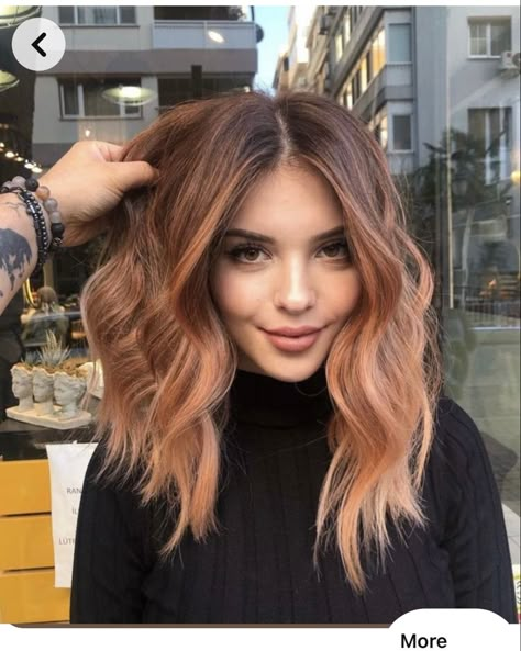 Cool Copper Balayage, Copper Peach Hair Balayage, Red Rose Gold Balayage, Strawberry Rose Gold Hair, Copper Hair Ombre Balayage, Rose Gold Hair Copper, Rose Gold Hair 2023, Rose Copper Balayage, Peach Hair Brunette