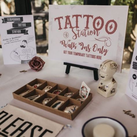 Wedding Unconventional Ideas, Fun Wedding Details Reception Ideas, Wedding Quirky Ideas, Funny Wedding Decorations, Wedding Tattoo Station Sign, Different Wedding Ideas Creative, Creative Wedding Table Decorations, Cheesy Wedding Ideas, Wedding Tattoo Booth