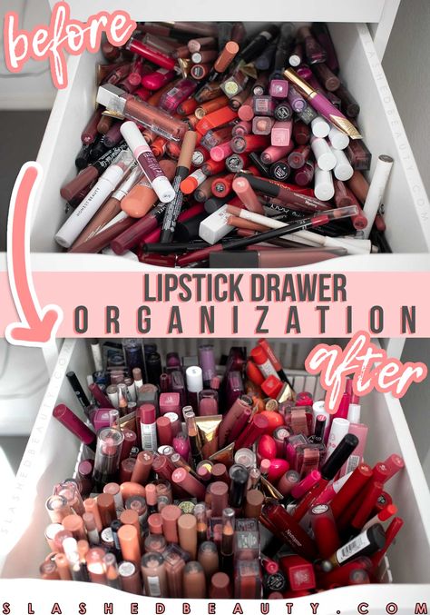 Best Cheap Lipstick Drawer Organization | How to organize your lipstick drawer and makeup collection | Slashed Beauty #makeuporganization #beautyorganization #makeupcollection #organization #makeupdrawers Organisation, Lipstick Organization Ideas, Lipstick Storage Ideas, Messy Lipstick, Lipstick Organization, Accesory Storage, Cheap Drawers, Perfume Collection Display, Ikea Alex Drawers