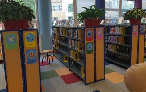 The genrefied library: How one elementary librarian made the transition Elementary School Libraries, School Library Signage, Elementary School Librarian, Elementary Librarian, Library Signage, Teen Library, Elementary School Library, Library Designs, Library Organization