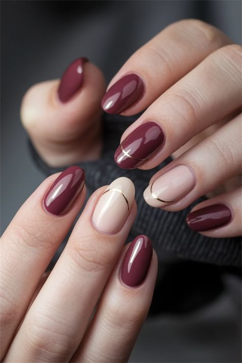 Embrace the beauty of autumn with these cozy fall nail ideas, featuring a chic squoval shape that perfectly complements rich, warm hues. Picture deep burgundy and mustard yellow nails adorned with delicate leaf motifs, creating a stunning contrast that captures the essence of the season. This style is not just aesthetically pleasing; it’s a celebration of fall's vibrant colors. Get inspired to try this inviting look! #FallNailIdeas #SquovalNails #AutumnNails Cream And Burgundy Nails, Bridal Fall Nails, Bridesmaid Nails Gel, Fall Short Oval Nails, Autumn Nails Squoval, Almond Shape Fall Nails, Squoval Nails Design Fall, Maroon Nails With Design, Short Oval Nails Fall