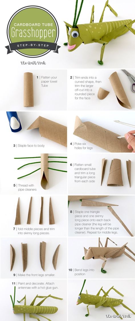 Step-by-step instructions on how to make a cardboard tube grasshopper. This is a fun craft for kids using recyclables. Grasshoppers, Animal Silhouette, Fun Craft, Craft For Kids, Cardboard Tube, Cardboard Crafts, Small Cars, Step Guide, Fabric Crafts