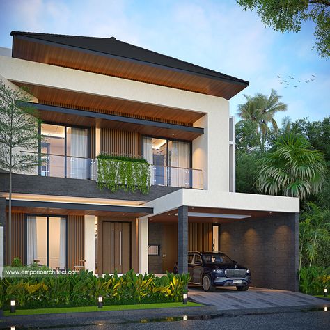 "1795th Design" . This house design is owned by our client in Depok. A homey impression with a modern tropical style is its hallmark. With a touch of natural color on the exterior of the building and beautified by a tropical garden. In addition, this house is also equipped with a back garden. Now not only a tropical garden, but also a swimming pool and sunbeds. The area makes the atmosphere of the house feel more like a villa. . The 21st design of June, 169th design of year 2023, 1795th desig... Emporio Architect, Modern Tropical, Tropical Style, Back Garden, Tropical Garden, The Building, Natural Color, Swimming Pool, Hallmark