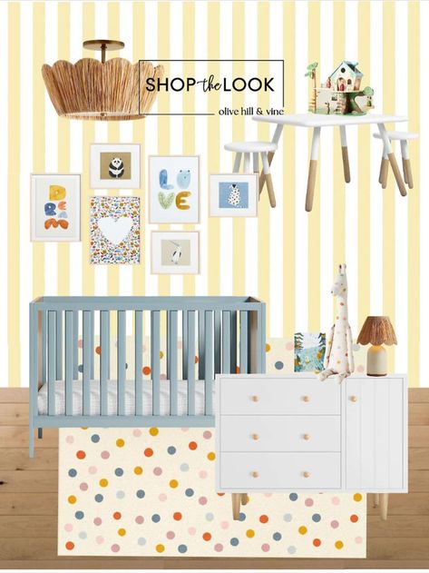 Introducing our Yellow & Blue Nursery! 🌟 Brighten your little girl's world with yellow & white striped wallpaper. Pair it with a pale blue crib, white dresser, and a 3-piece activity table set. Adorn the walls with cute art featuring "love", "dream", hearts, and charming animals. Complete the look with a scalloped raffia flush mount light. Follow my shop @OliveHillandVine on the @shop.LTK app to shop this post!