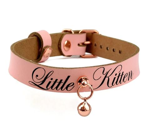 Mercy Industries | Custom Engraved Blush Pink Leather Aurum Collar with Kitten Bell – 'Little Kitten' Kitten Play Gear, Kitten Play Collar, Kittens Playing, Little Kittens, Choker Collar, Leather Collar, Handcrafted Leather, Pink Leather, Custom Engraving