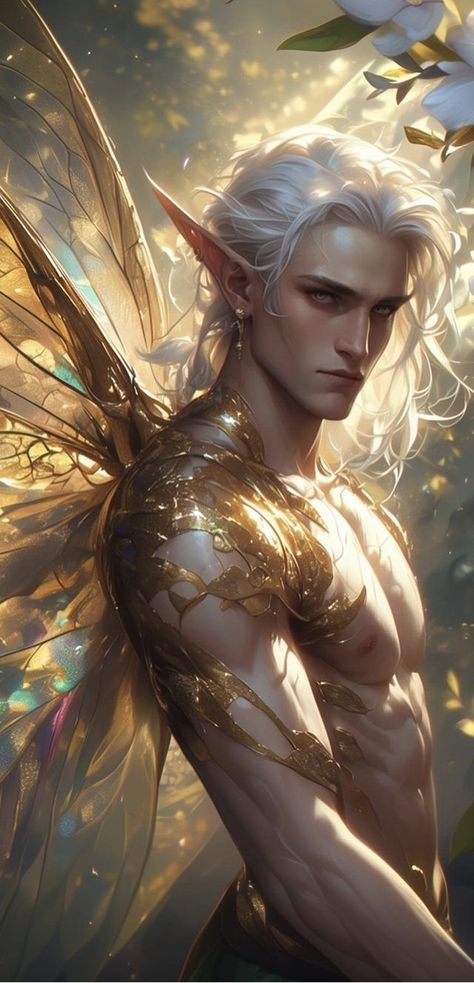 Fairies Male, Corellon Larethian, Male Fairy Aesthetic, Eladrin Male, Male Faerie Art, Male Fairy Oc, Unseelie Fae Aesthetic, Fey King, Earth Genasi Male