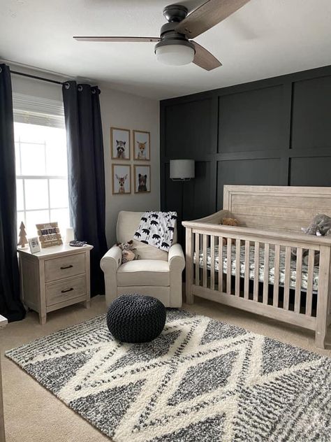 Black Rug Nursery, Nursery Dark Accent Wall, Nursery With Black Accent Wall, Nursery Room Babyboy, Neutral Black Nursery, Dark Grey Accent Wall Nursery, Dark Gender Neutral Nursery, Dark Modern Nursery, Black Theme Nursery