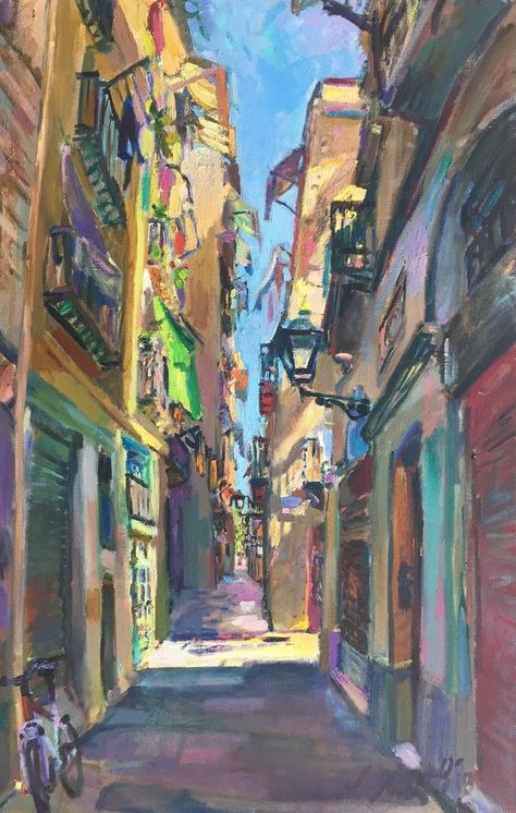 Barcelona Painting Acrylic, Barcelona Painting, Acyrlic Painting, Barcelona Streets, Barcelona Street, Cozy Art, Urban Painting, Abstract Portrait Painting, The Countess