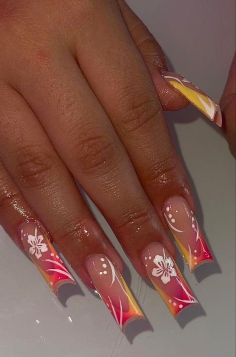 Hawaiian Nails, Hawaii Nails, Cruise Nails, Summery Nails, French Tip Acrylic Nails, Hawaiian Theme, Short Square Acrylic Nails, Long Acrylic Nails Coffin, White Nail Designs