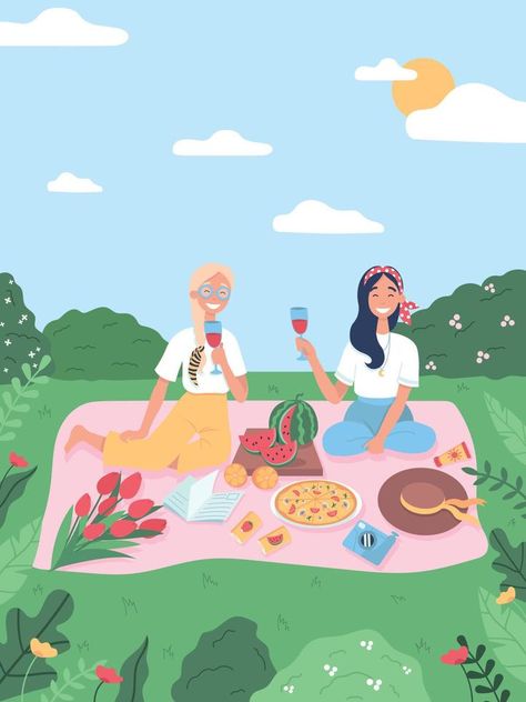 Friends have picnic in park. Girls on summer recreation activities, eating watermelon and pizza outdoors and spending time. Flat vector illustration. Summer Activities Illustration, Couple Picnic Illustration, Picnic Art Illustration, Cute Picnic Illustration, Summer Picnic Illustration, Picnic Illustration, Picnic Blanket Illustration, Recreation Activities, Mini Sketchbook