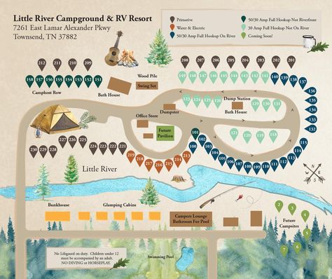 Campground Map Billboard Signs, Wood Pile, Rv Resort, Office Store, Rv Interior, Garage Design, Illustrated Map, Rv Parks, How To Design