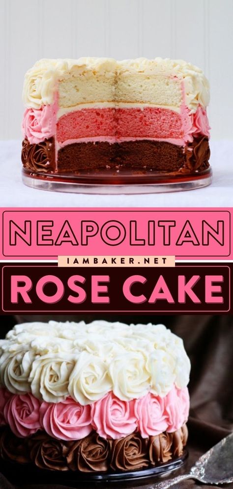 Strawberry Marble Cake Recipes, Decorate Strawberry Cake, Neopolitan Cake Recipes, Mini Cake Design Ideas, Strawberry Rose Cake, Nepolian Cake, Creative Cake Recipes, Neapolitan Cake Recipe, Pirouline Cake