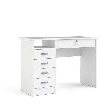 PRICES MAY VARY. Assembly is required Product is shipped in 1 box Adds function and style to your living room or home office Four small drawers, one large drawer and one fixed open shelf Large drawer is lockable with key, Modesty panel White Desk Bedroom, White Desk With Drawers, Modern White Desk, Small Room Desk, Office Drawers, Room Wishlist, White Home Office, Cheap Desk, Modern Office Decor