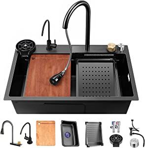 ECTbicyk Waterfall Kitchen Sink,31.5Inch Drop in Single Bowl Stainless Steel Kitchen Sink,Workstation Kitchen Sink with Accessories - - Amazon.com Waterfall Kitchen, Stainless Steel Farmhouse Sink, Topmount Sink, Commercial Sink, Drop In Kitchen Sink, Kitchen Sink Stainless Steel, Sinks Kitchen Stainless, Pull Out Faucet, Waterfall Faucet