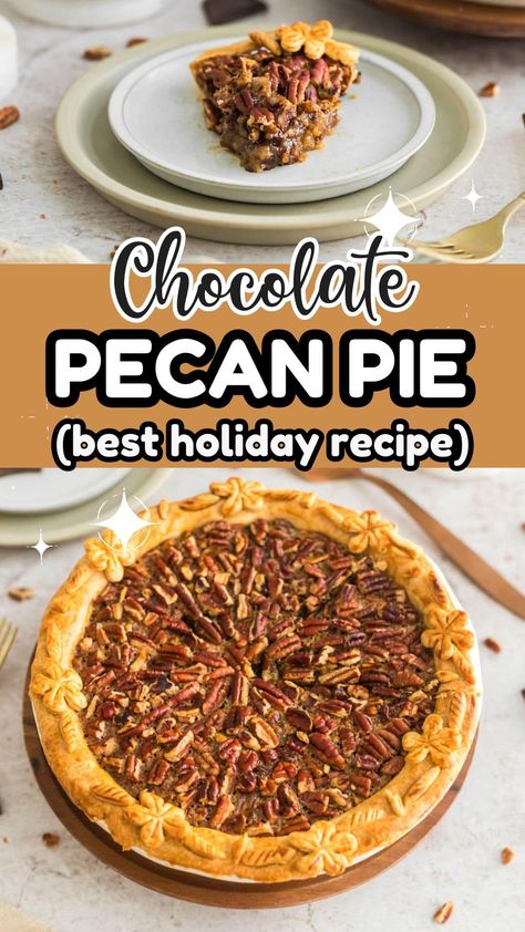 Chocolate Pecan Pie is a decadent spin on the classic Southern favorite. Gooey chocolate meets crunchy pecans for the perfect sweet and salty combo dessert. The recipe is simple but delivers a show-stopping dessert your family will crave each and every Holiday Season. Chocolate Pecan Pies, Chocolate Pecan Pie Without Corn Syrup, Pecan Pie Recipe Chocolate, Pecan Fudge Pie, Hersheys Chocolate Pecan Pie, Choc Pecan Pie Recipe, Pecan Chocolate Chip Pie, Chocolate Chunk Pecan Pie, Chocolate Pecan Pie Recipe Easy