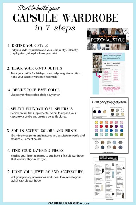 Level up your wardrobe with a capsule wardrobe. These seven steps will change your women’s wardrobe and make your outfits chic and simple. Step-by-step guide to build a capsule wardrobe from scratch. Including capsule wardrobe checklist. Plus how to choose your capsule wardrobe color palette. Visual guide to create a capsule wardrobe. How to create a capsule wardrobe personal style Build Your Capsule Wardrobe, Staple Capsule Wardrobe, How To Build A Winter Capsule Wardrobe, Changing Your Wardrobe Style, How To Put Together A Capsule Wardrobe, Capsule Wardrobe Starter Kit, Capsule Wardrobe Work Professional Minimalist, Linda Paige Capsule Wardrobe, Capsule Wardrobe Elements