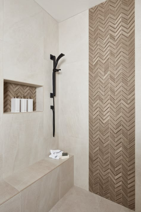 Bathroom Design Elegant, Two Tone Shower Walls, Bathroom Ideas Natural Stone, Mountain Shower Tile, Beige Natural Bathroom, Wood Tile Accent Wall Bathroom, Showers With Accent Wall, Neutral Bathroom Design Ideas, Neutral Walk In Shower Ideas