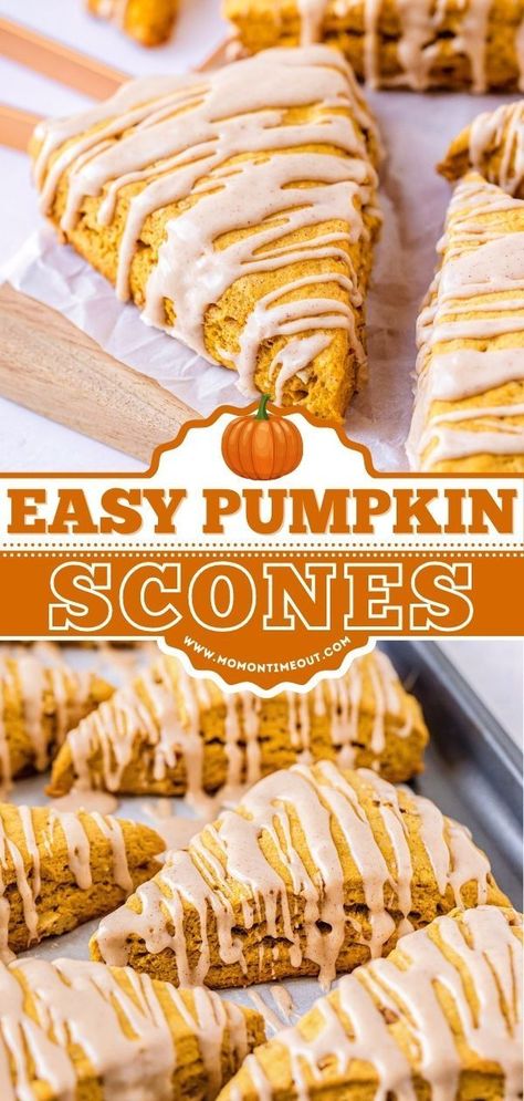 Glazed Pumpkin Scones, Pumpkin Pie Scones, Recipes For Scones Easy, Maple Pumpkin Scones, Pumpkin Maple Scones, Easy Pumpkin Scones Recipe, Bisquick Pumpkin Scones, Fall Breakfast Baking, Pumpkin Scones With Maple Glaze