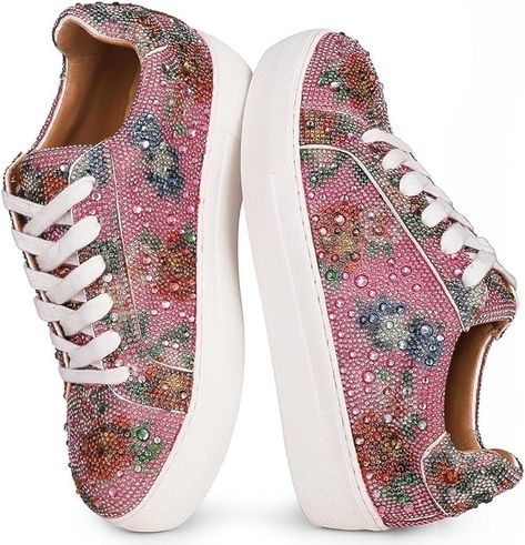 Amazon.com | Lovee Cosee Floral Platform Rhinestone Sneakers for Women Sparkly Lace up Sequin Tennis Shoes Bedazzled Shiny Bling Wedding Fashion Sneaker Bridal Bride Pink Sneaker Dress Size 8 | Shoes Sneaker Dress, Rhinestone Sneakers, Flowy Gown, Wedding Sneakers, Sporty Sneakers, Bling Wedding, Pink Sneakers, Sneakers For Women, Platform Sneaker