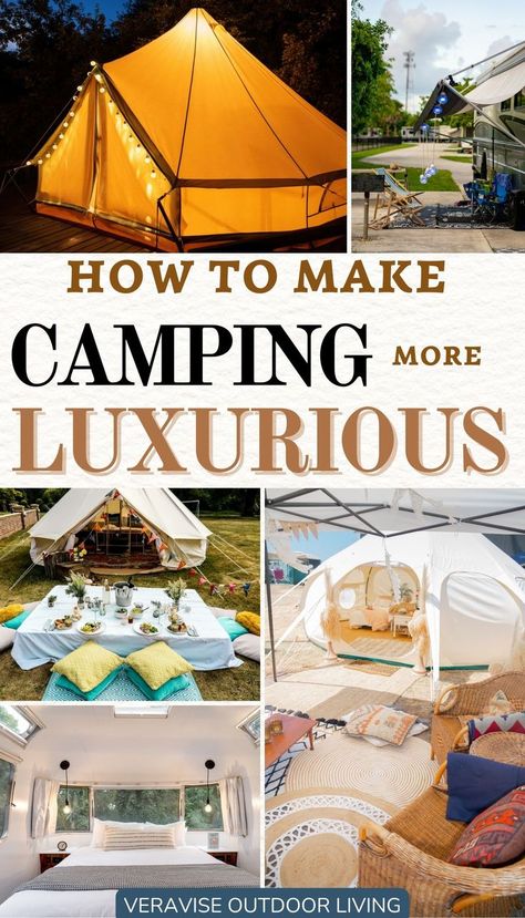 How To Make Camping More Luxurious Glamping Ideas Rv Camping, Glam Camping Ideas, Tent Decorations Camping, Glam Tent Camping, Camping Tent Decorating Ideas, Camping Fairy Lights, Camping Lights Ideas, Campsite Lighting Ideas, Cozy Camping Tent