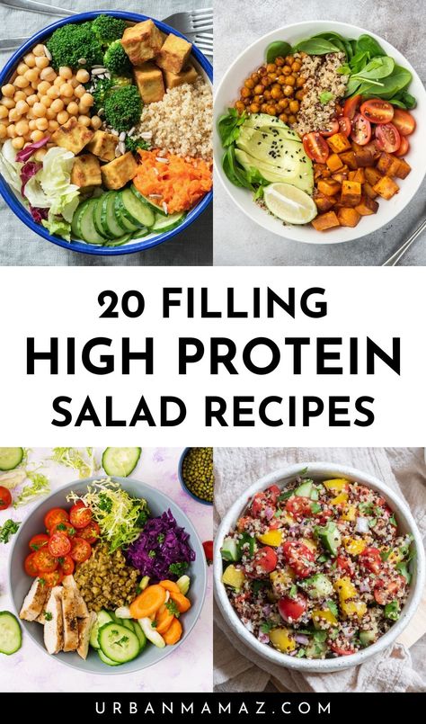 Looking for filling high protein salad recipes? Check out this list of 20 easy high protein salads for meal prep. Healthy Filling Salads Dinners, Protein Filled Salads Healthy, High Protein Make Ahead Salad, Low Calorie High Protein Salad Recipes, Chopped Protein Salad, Thai Salad Meal Prep, Best Protein Salad Recipes, Healthy Salad Recipes With Protein, Protein To Add To Salads