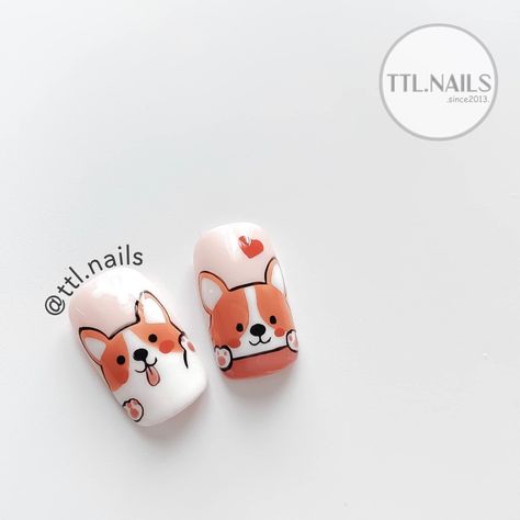 Nail Art Designs Corgi, Acrylic Nails Dog Designs, Puppy Nail Art, Husky Nail Art, Dog Themed Nails, Cute Animal Nails, Dog Nails Design, Cute Animal Nail Art, Dog Nail Art