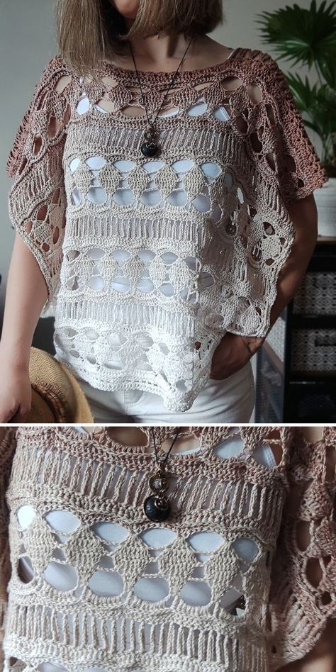 woman in crochet top Pop Top Crochet Patterns, How To Make Crochet Ruffles, Free Crochet Cover Up Pattern, Crochet Summer Poncho Free Pattern, Blouse Au Crochet, Ruffle Crochet, Crochet Shirts, Crochet Blouse Free Pattern, Boho Crochet Patterns