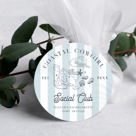 Coastal Cowgirl Bachelorette  Classic Round Sticker Bachelorette Stickers, Country Club Design, Coastal Cowgirl Bachelorette, Cowgirl Cookies, Hats And Boots, Stealth Wealth, Ocean Tides, Cowgirl Bachelorette, Vintage Coastal