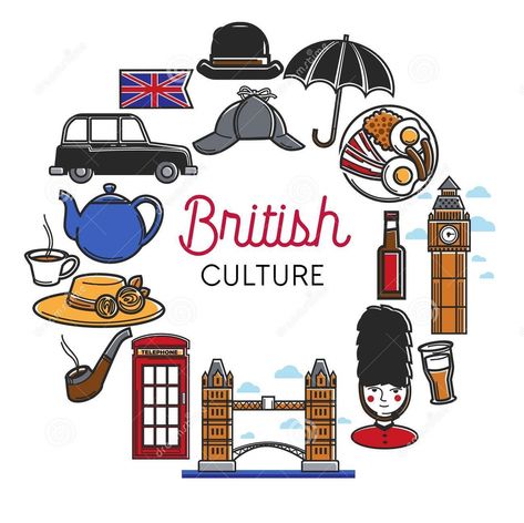 The culture of the United Kingdom is rooted in the country's long history. High tea is an integral part of British culture. The culture of the United Kingdom is rooted in the country's long history. British Stereotypes, England Culture, Symbols Illustration, Travel Symbols, Uk Culture, London Illustration, About Phone, London Theme, Vector Symbols