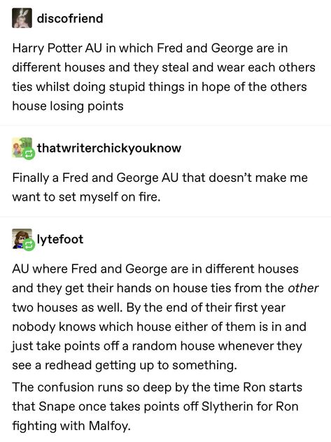 Harry Potter In Slytherin Au, Fred And George Weasley Headcanons, Slytherin Harry Potter Au, Harry Potter Au, Fred And George, Glume Harry Potter, Harry Potter Feels, Yer A Wizard Harry, Fred And George Weasley