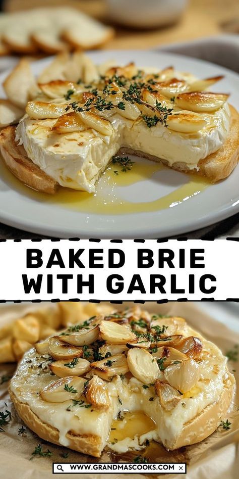 Baked Brie With Garlic, Savory Baked Brie, Christmas Brie, Baked Brie, Oven Recipes, Roasted Garlic, Garlic Bread, Brie, Family Dinner