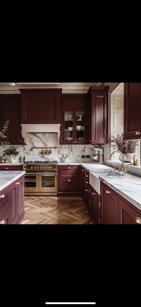 Wine Colored Kitchen Cabinets, Maroon Kitchen Ideas, Dark Burgundy Kitchen Cabinets, Wine Red Kitchen, Nepunta Bordeaux Countertops Greige Cabinets, Dark Red Kitchen, Burgundy Backsplash Kitchen, Maroon Kitchen, Burgundy Tiles Kitchen