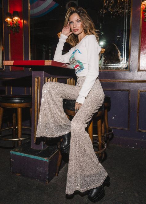 Bell Bottom Flare Pants, Masc Disco Outfit, Sheer Bell Bottoms, Gold Bell Bottoms Outfit, Disco Flare Pants Outfit, 70s Glitter Fashion, Sparkly Bell Bottoms Outfit, Elegant Disco Outfit, Flare Sequin Pants Outfit