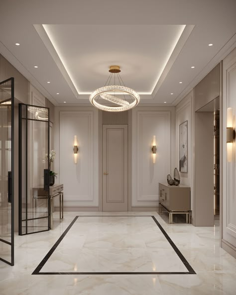 Open Plan Hallway Entrance, Front Doors White House, Grand Home Entrance, Hallway Ceiling Design, Luxury Entrance Hall, Classical Ceiling Design, Majles Design, Luxury Hallway, Room Decor Lights