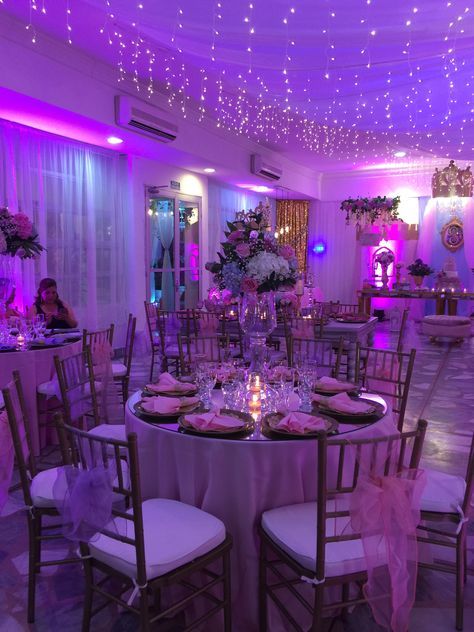 Ballroom Party Ideas, Pink And Purple Sweet 16 Decorations, Fairytail Quince Theme, Glamour Sweet 16 Theme, Purple Quince Aesthetic, Sweet 16 Purple Dresses, Pink And Purple Sweet 16, Sweet 16 Birthday Dresses, Sweet 16 Party Ideas Purple