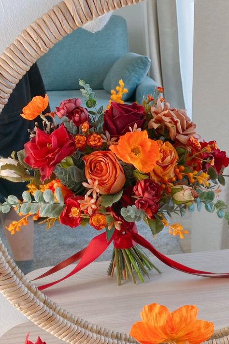 Wedding Bouquets Mexican, Mexican Style Bouquet, Mexican Bouquet Wedding, Orange Summer Bouquet, Red Pink Orange Wedding Bouquet, Orange And Red Wedding Bouquet, Marigold And Rose Bouquet, Spanish Style Wedding Bouquet, Red Orange Bridal Bouquet