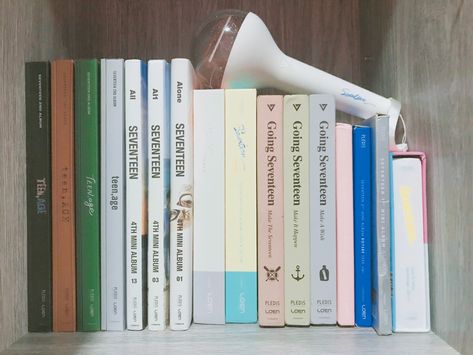 My collection for Seventeen albums ❤️ Kpop Album Aesthetic Seventeen, Svt Album Collection, Seventeen Merch Aesthetic, Seventeen Album Collection, Seventeen Album Aesthetic, Carat Room, Seventeen Merch, Seventeen Collection, Seventeenth Birthday