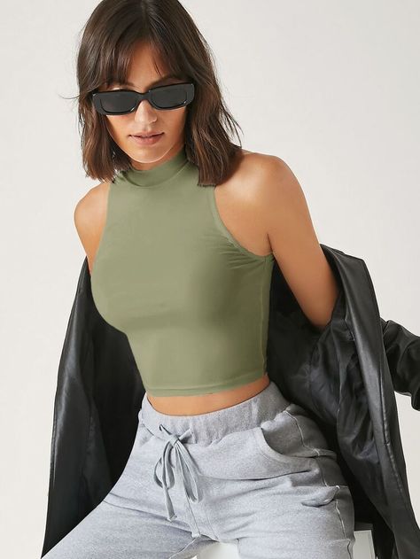 SHEIN BASICS Mock Neck Solid Tank Crop Top | SHEIN USA Party Tops For Women, Tops For Women Stylish, Cold Fusion, Shein Basics, Mock Neck Tank Top, Cute Tops For Women, Tank Crop Top, Beach Tops, Plus Size Fashion For Women