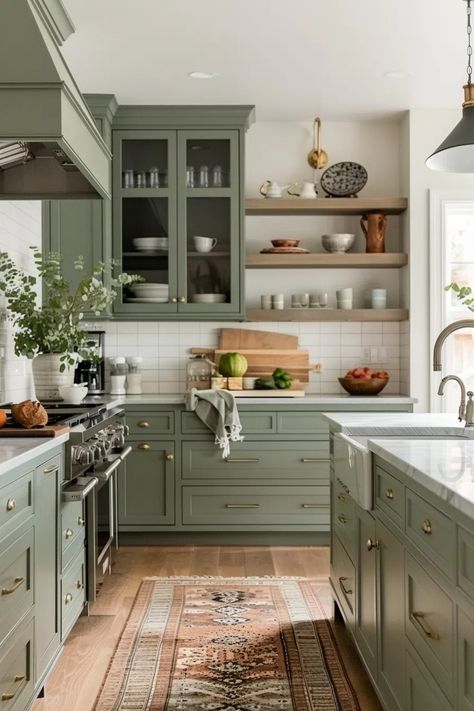 50+ Serene Kitchens with Sage Green Cabinets Sage Kitchen, Green Kitchen Designs, Kitchen Cabinet Color Ideas, Sage Green Kitchen, Kabinet Dapur, Green Kitchen Cabinets, Green Cabinets, Kitchen Farmhouse, Kitchen Cabinet Colors