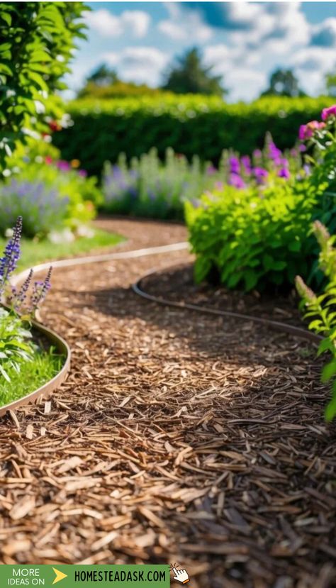 A mulch walkway is a simple and attractive option for your garden. It blends well in natural settings, especially around trees and shrubs.

You can create a mulch path by laying down a thick layer of mulch over the soil. This helps to keep weeds down and retains moisture.

Using materials like wood chips or bark makes it an eco-friendly choice. Plus, it is easy to refresh when it gets worn down. You’ll enjoy the soft feel underfoot as you walk through your garden. Mulch And Stone Walkway, Bark Mulch Pathway, Moss And Stone Walkway, Natural Mulch Landscaping, Mulch Walkway Ideas, Bark Path, Stone Walkways Paths, Mulch Walkway, Mulch Pathway