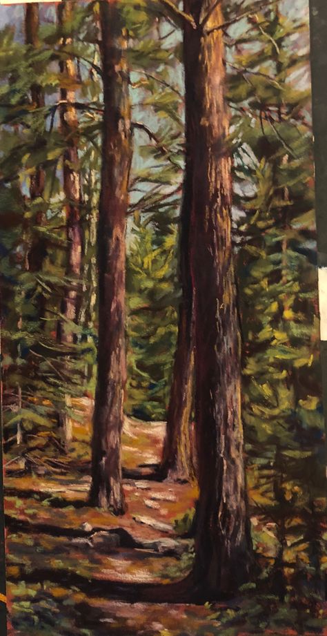 Hike up Baldy. Pastel on sanded paper 8x16” Forest Oil Pastel, Tree Oil Pastel, Banner Painting, Amanda Richardson, Soft Pastels Drawing, Autumn Leaves Art, Landscape Quilt, Woodland Art, Dry Pastel