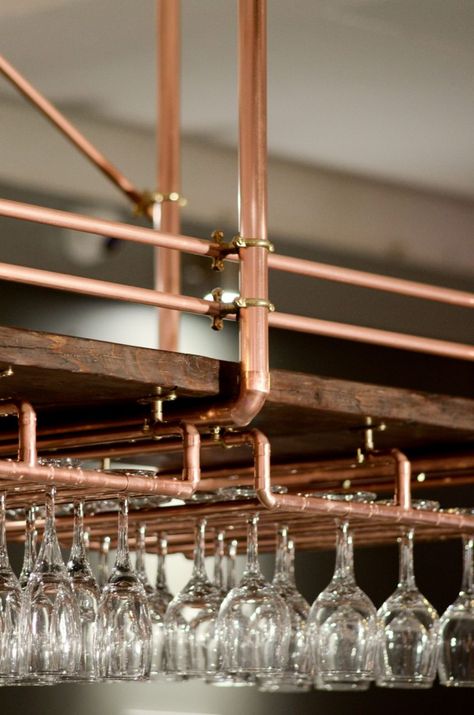 Copper Shelving - Steel Roots Design Copper Bar Shelves, Copper Restaurant Design, Copper Shelves, Copper Interior Design, Copper Shelving, Copper Restaurant, Copper Pipe Shelves, Copper Pipe Ideas, Restaurant Shelving