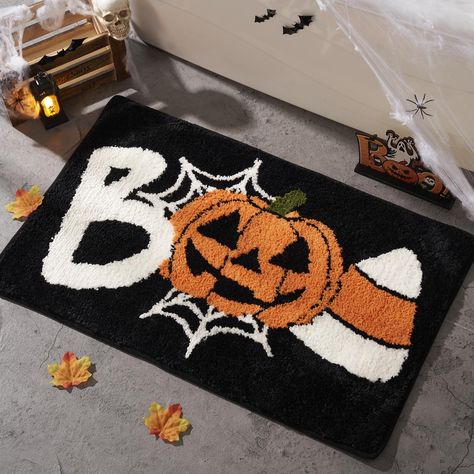 PRICES MAY VARY. Spooky Halloween Bathroom Decor: Ever wondered how to make your home truly stand out this Halloween? Our BOO bath mat, with its perfectly blended festive elements, is the answer! It’s the ideal way to infuse every corner of your home with spooky charm a fun and eerie atmosphere. Versatile Fall Decor for Every Space: Whether it's your bathroom, kitchen, entryway, or even the kids' room, our Halloween bathroom rugs are designed to enhance the festive spirit in any space. Their ver Halloween Rugs Ideas, Halloween Bathroom Sign, Spooky Doormat, Halloween Rugs, Bathroom Decor Black, Halloween Bath, Boo Pumpkin, Halloween Shower Curtain, Halloween Bathroom