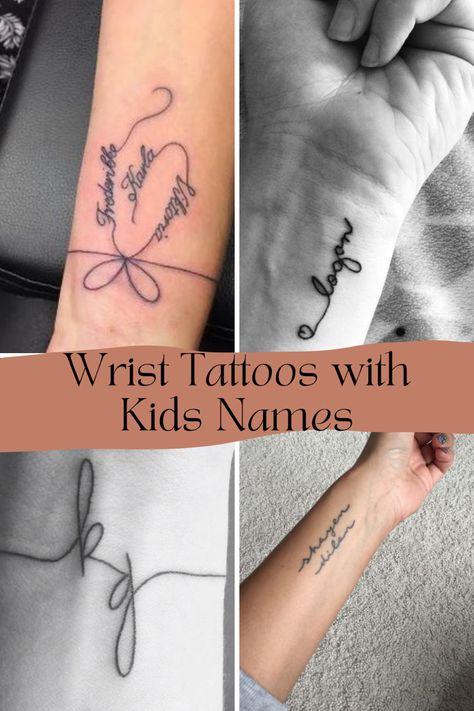 57 Sweetest Kids Name Tattoos + Ideas - TattooGlee Tattoos With Kids Names For Moms Boys, Tattoos For Moms Of 3, Initials Tattoo On Wrist, Tatoo Mom 3 Kids, Tattoo Ideas Meaning Family, Classy Tattoo Locations, Small Mom Tattoos Mothers, Twin Tattoo Ideas For Mom, Mother And Kids Tattoo Ideas