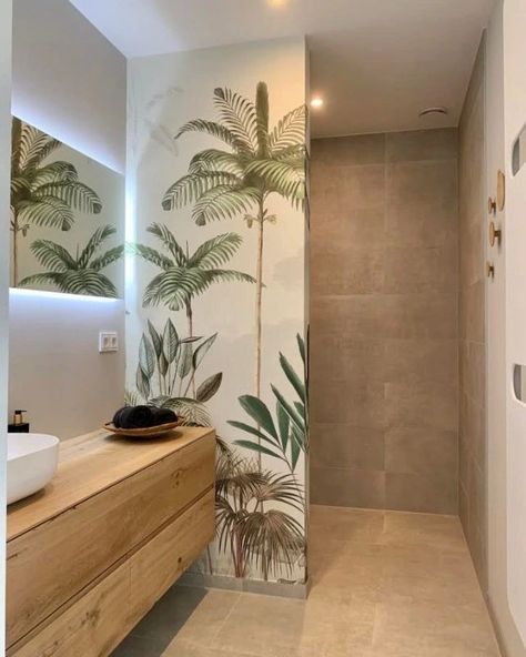 9 Jungle Style Bathroom Tile Ideas | Atlas Ceramics Wilderness Wallpaper, Wallpaper Matte, Bathroom Shower Ideas, Jungle Bathroom, Tropical Tile, Bathroom Restaurant, Clear Coffee Table, Jungle Style, Tropical Bathroom