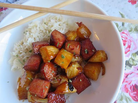 Teriyaki Spam Recipes, Baked Spam And Pineapple In Teriyaki Sauce, Teriyaki Spam, Spam And Pineapple Recipes, Spam Pineapple Recipe, Spam Pineapple Kabobs, Hawaiian Spam Recipes, Spam Pineapple Fried Rice, Meatballs Teriyaki Pineapple