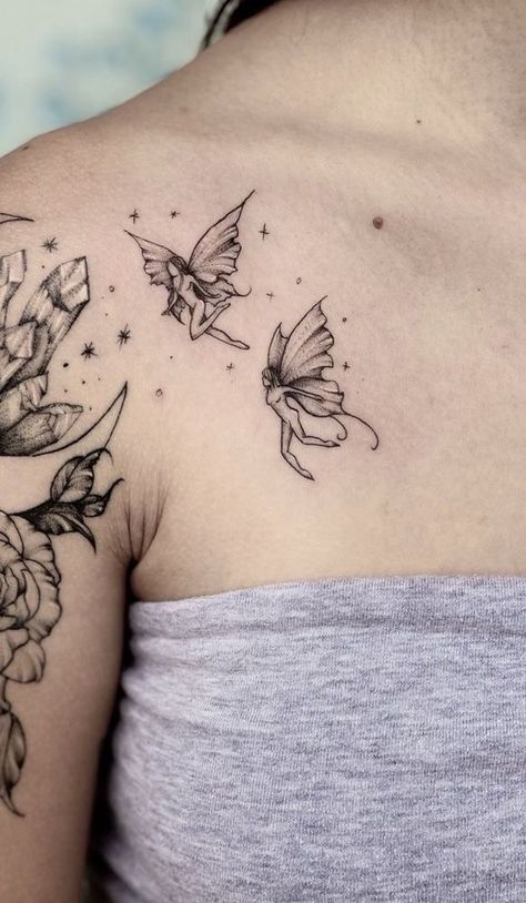 Twin Fairy Tattoos, Cool Fairy Tattoos, Emo Fairy Tattoo, Fairy With Butterfly Wings Tattoo, Enchanted Forest Tattoo Fairies, Fairy Tattoo Shoulder, Fairy Collar Bone Tattoo, Flying Fairy Tattoo, Fairy Floral Tattoo