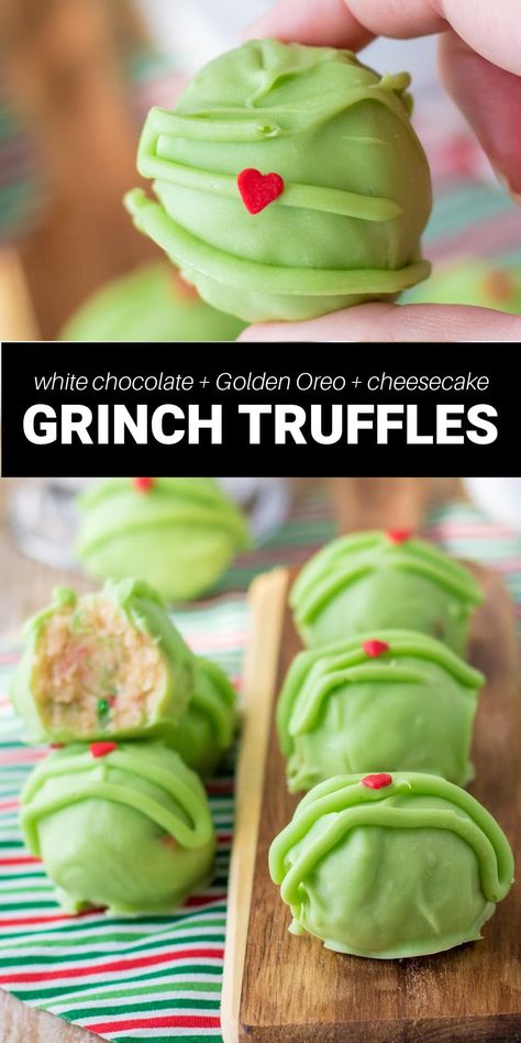 These adorable Grinch truffles are a fun and delicious addition to any Christmas gathering. With rich golden Oreo cream cheese filling and a sweet and creamy chocolate coating, these easy treats are decadent enough to satisfy any sweet tooth. Grinch Truffle Balls, Grinch Oreo Truffles, Christmas Tree Cake Truffles, Grinch Christmas Desserts, Grinch Oreo Balls, Grinch Balls, Grinch Truffles, Grinch Cakes, Quick Christmas Treats