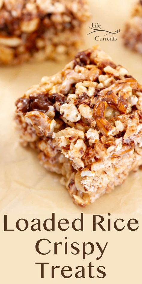 These Loaded Rice Crispy Treats are the perfect sweet and salty combination - They’re totally loaded with goodies like crunchy salty pretzels, salted peanuts, sweet toffee bits, and lots of sweet melty chocolate. Sweet Salty Desserts, Rice Treats, Potato Chip Rice Krispie Treats, Toffee Rice Krispie Treats, Rice Crispy Treat Flavors, Fall Rice Crispy Treats Ideas, Coconut Rice Crispy Treats, Elevated Rice Crispy Treats, Rice Crispy Treats Decorated